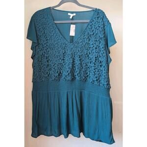 Maurice’s Crochet Top Plus Size 3X Empire Waist Crinkle Tunic NWT Green